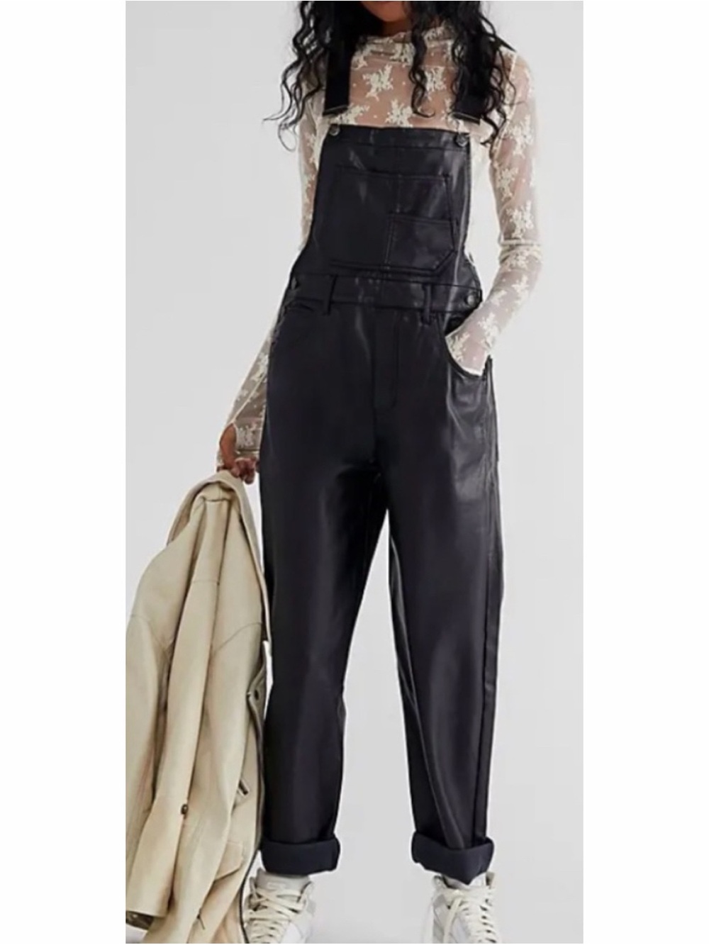 We The Free People Black Faux Leather Overalls